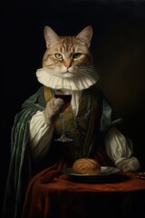A funny portrait of a cat with wine as a historical royal portrait. Pets drinking alcohol wine. Funny weird-core aesthetics