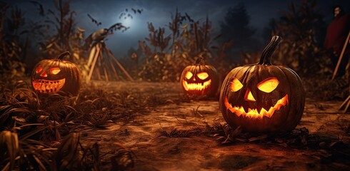 Scary halloween pumpkins in a field.