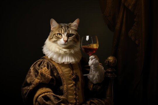 A funny portrait of a cat with wine as a historical royal portrait. Pets drinking alcohol wine. Funny weird-core aesthetics