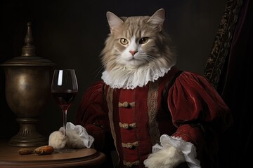 A funny portrait of a cat with wine as a historical royal portrait. Pets drinking alcohol wine. Funny weird-core aesthetics