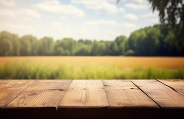 Empty wooden table, blurred field and clouds background, Generative AI