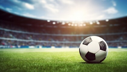 Fototapeta premium Football soccer ball on grass field at stadium