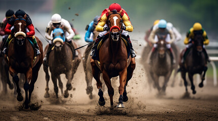Horse racing with jockeys on their horses