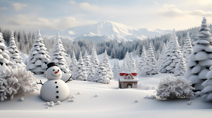 3d render of cute snowman in winter forest with snowflakes