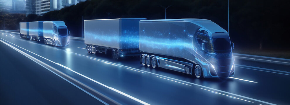 Futuristic trucks fleet on highway with full self-driving mode