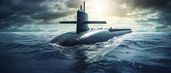 Generic military nuclear submarine floating in the middle of the sea - obrazy, fototapety, plakaty