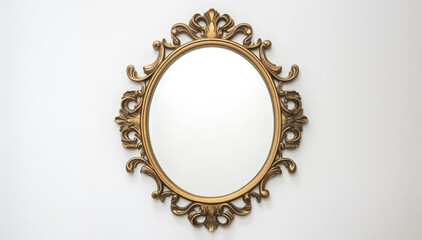 Golden antique mirror against a white wall background texture