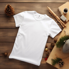 Blank white t-shirt lying in a sleeping position on a wooden table, beside it are several Christmas stuff