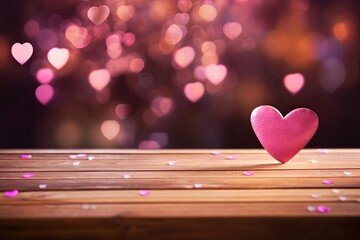 Empty wooden table, pink heart-shaped bokeh background, Generative AI