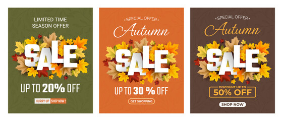 Autumn Sale Background 2023, set of abstract backgrounds with leave frame, autumn sale, banner, posters, cover design templates, social media wallpaper stories