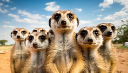 Group of Meerkats Standing Upright and Looking Attentively - obrazy, fototapety, plakaty