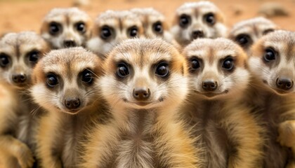 Fototapeta premium Group of Meerkats Standing Upright and Looking Attentively