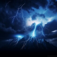Naklejka premium Dark dramatic stormy night sky with lightning bolts. Night mountain landscape. Flashes of light from thunder and lightning. 3D illustration