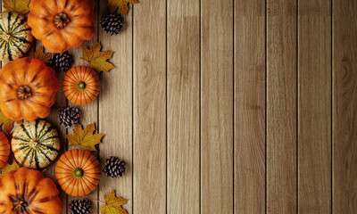 Top view Halloween decoration concept made from autumn leaves and pumpkin on wooden background. Flat lay, top view with copy space. 3d render.