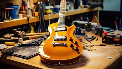 Guitar on Guitar Repair Desk - obrazy, fototapety, plakaty