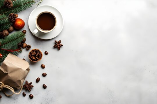 Cup of coffee with Christmas decoration Flat lay mockup background product photography with Fir tree branches, pine cones, coffee beans, star anise	