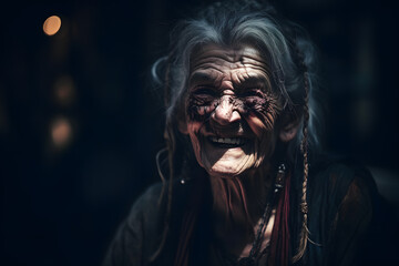 An old and ugly witch with an evil laugh outside at night. Halloween theme, cinematic lighting. Generative AI