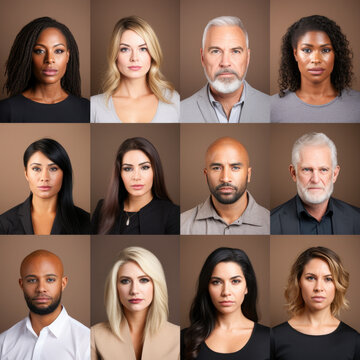 Photo collage portrait of multiracial serious people with different ages looking at camera. Mosaic of professional modern faces. 