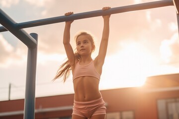 Child girl doing pull ups workout at the outdoors gym in a park. Kids healthy active lifestyle. 