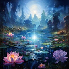 Lotus flowers in the pond at night