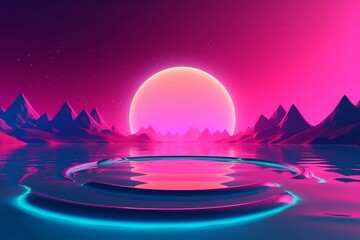 Neon moon lake. Generate Ai