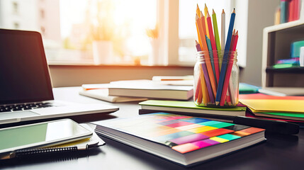 Close-Up of laptop on desk in office as workspace environment