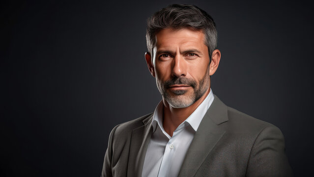 Hispanic man in 40s, grey hair, business suit, determined