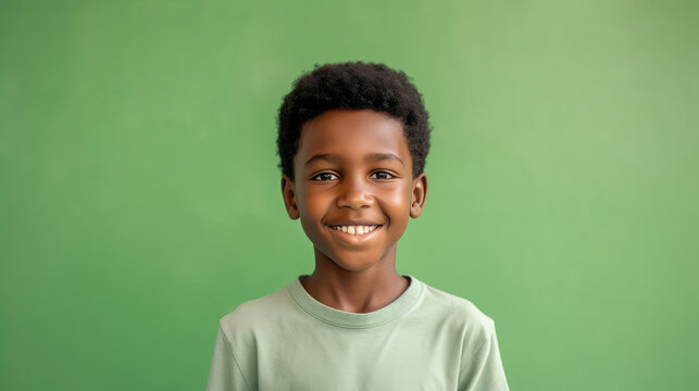 African teen boy, short black hair, green background