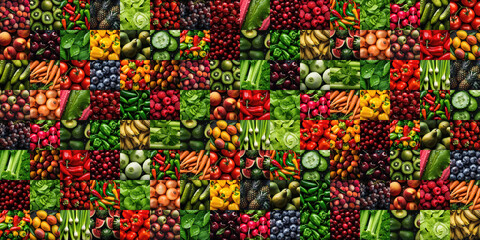 Panorama of many fresh fruits and vegetables as a raw food concept