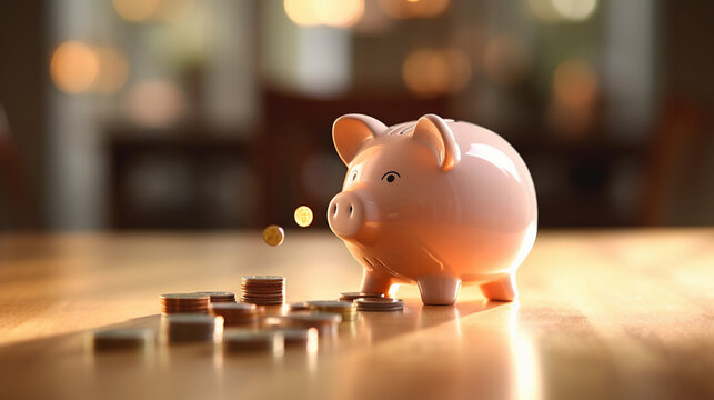 Piggy bank and coins in wooden table top