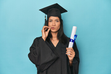 Filipina graduate with diploma on blue studio with fingers on lips keeping a secret.