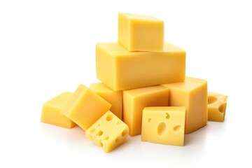 Yellow pieces of cheese isolated on a white background