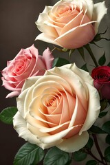 Beautiful pink and white roses on a dark background. Close-up.