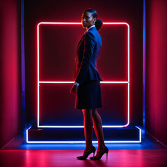 photo of smart african woman with business suit at neon mxied red and blue light sci fi background, generative AI