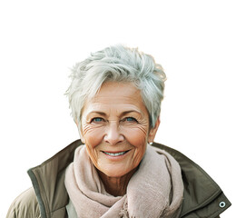 Portret starszej kobiety, 70 lat, uśmiechnięta aktywna seniorka. Transparentne tło. - obrazy, fototapety, plakaty