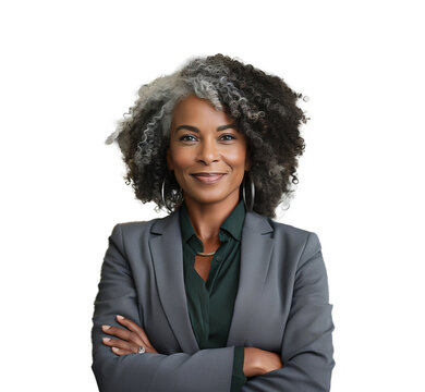Portret dojrzałej, czarnoskórej kobiety, 50 lat, aktywna, pewna siebie bizneswoman, siwe włosy, uśmiechnięta.