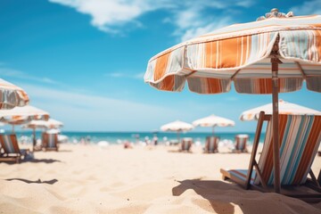 Sunny Beach with Parasols - Summer Vacation Retreat with Sun Umbrellas - Relaxing Hollyday Soft Focus Background - AI Generated