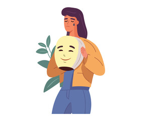 Obraz premium Bipolar disorder and duality, psychology concept. Female person with split dual personality. Woman with happy and sad masks. Flat vector illustration isolated on white background.