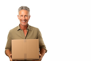 Middle aged or mature man holding a cardboard box concept of moving to a new place or packing up. Isolated on white background.
