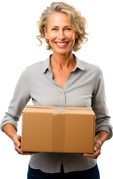 Middle aged or mature woman holding a cardboard box concept of moving to a new place or packing up. Transparent background or cut out.