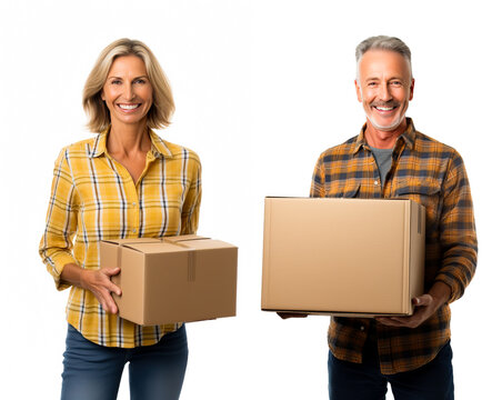 Middle Aged Or Mature Couple Holding Cardboard Boxes. Concept Of Moving To A New Place Or Packing Up. Isolated On White Background.