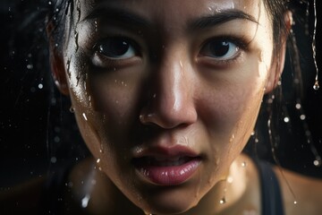Extreme close-up of an asian woman with sweat on the face. Studio lightning, female professional sport person.
