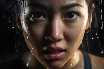 Poster Extreme close-up of an asian woman with sweat on the face. Studio lightning, female professional sport person. © Yevhenii