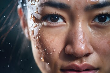 Extreme close-up of an asian woman with sweat on the face. Studio lightning, female professional sport person. - obrazy, fototapety, plakaty