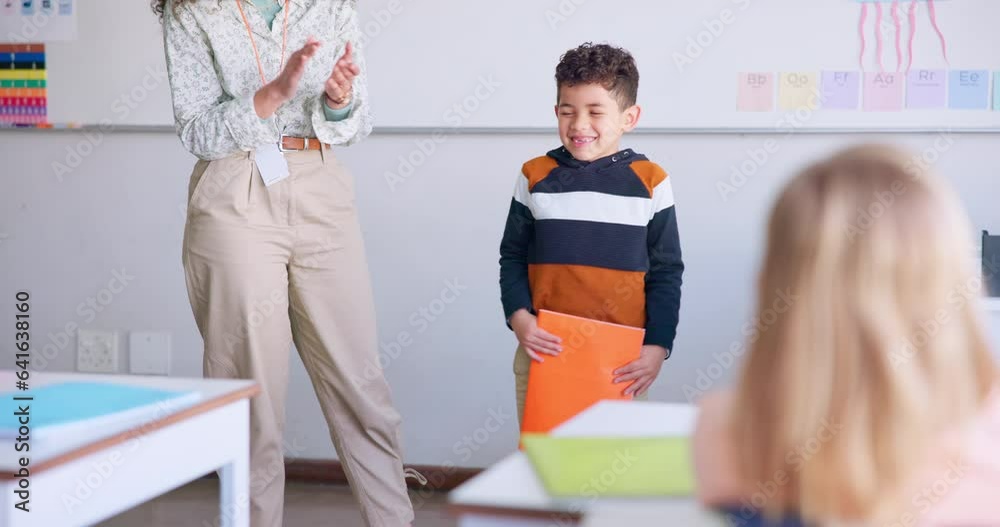 Poster class, presentation and child speaker with applause and cheering in classroom at school. young kid, 