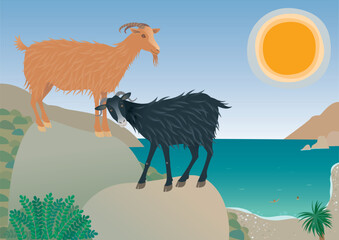 Curious goats on the coast. Vector illustration. - 641638749