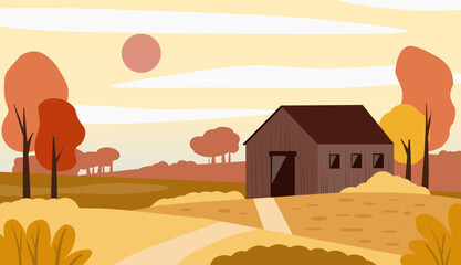 Autumn landscape with trees and house