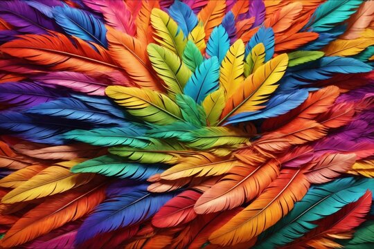 Rainbow Feather Background, Rainbow Colorful Feather Wallpaper, Multicolor Feathers Background, Colorful Feather Texture, AI Generative