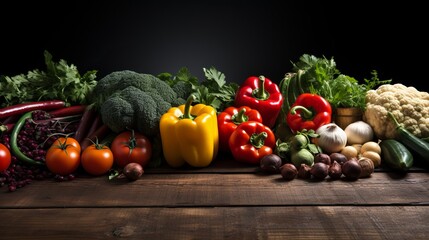 COLORFUL VEGETABLES ON WOODEN TABLE AND BLACK BACKGROUND. FRESH, HEALTHY AND ORGANIC PRODUCTS.