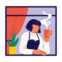 Young woman drink hot coffee in window. Happy girl alone rest at home with cup of tea, indoor. Lonely female person in apartment spend morning, people relax in apartment. Flat vector illustration